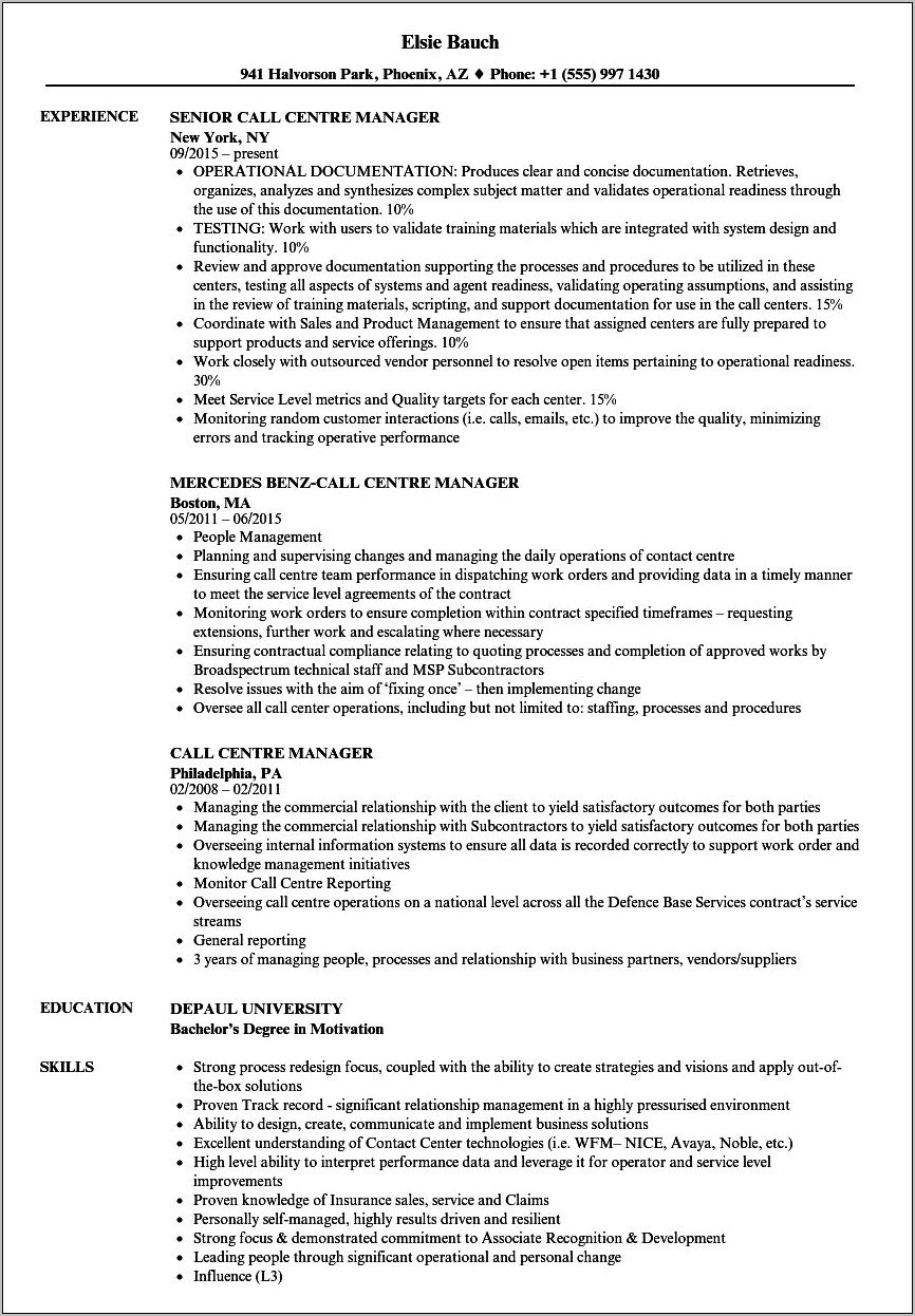Call Center Operations Manager Resume Objective