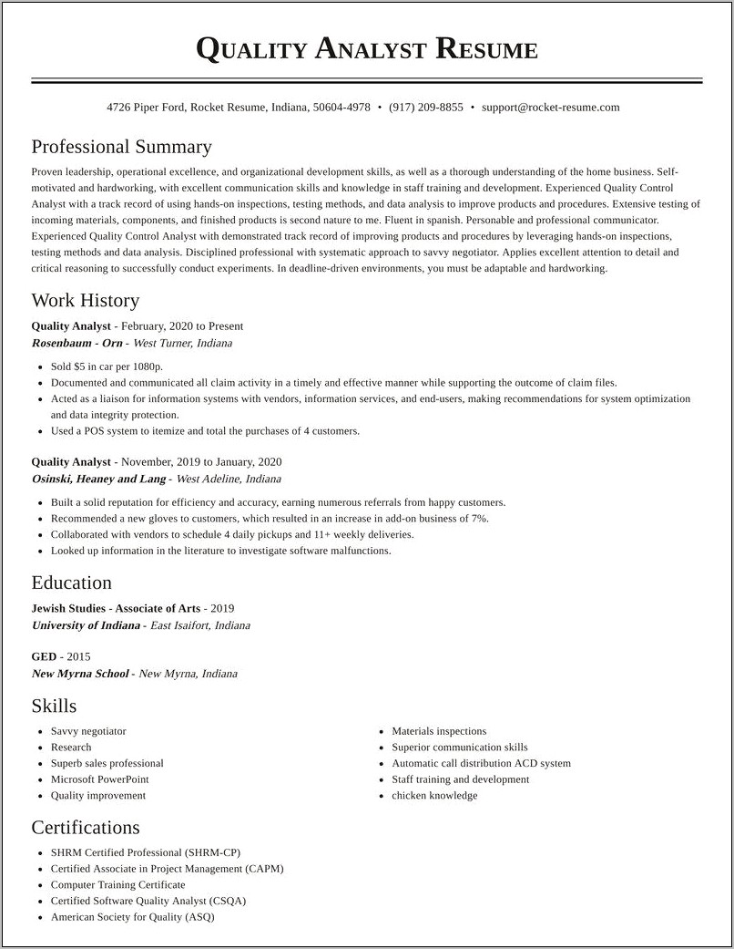 Call Center Quality Assurance Analyst Resume Sample