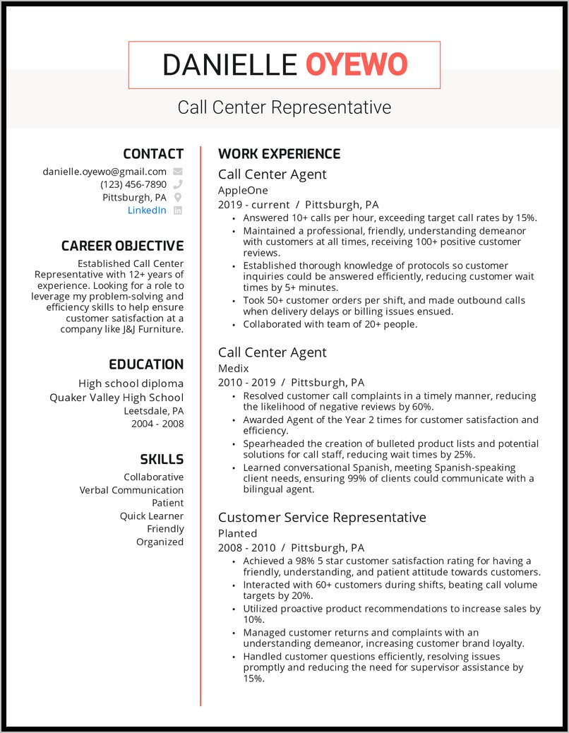 call center resume job duties