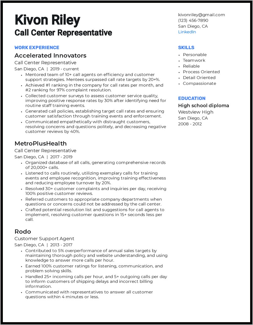 Call Center Representative Resume Job Description