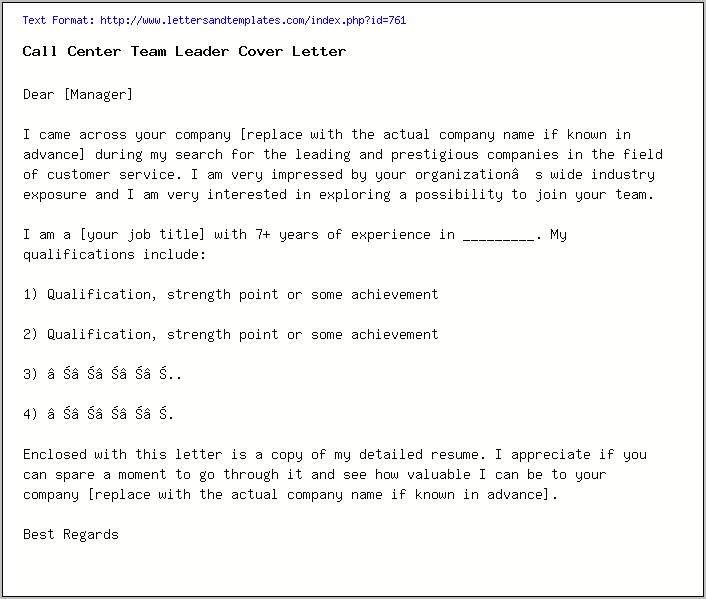Call Center Team Lead Job Description For Resume