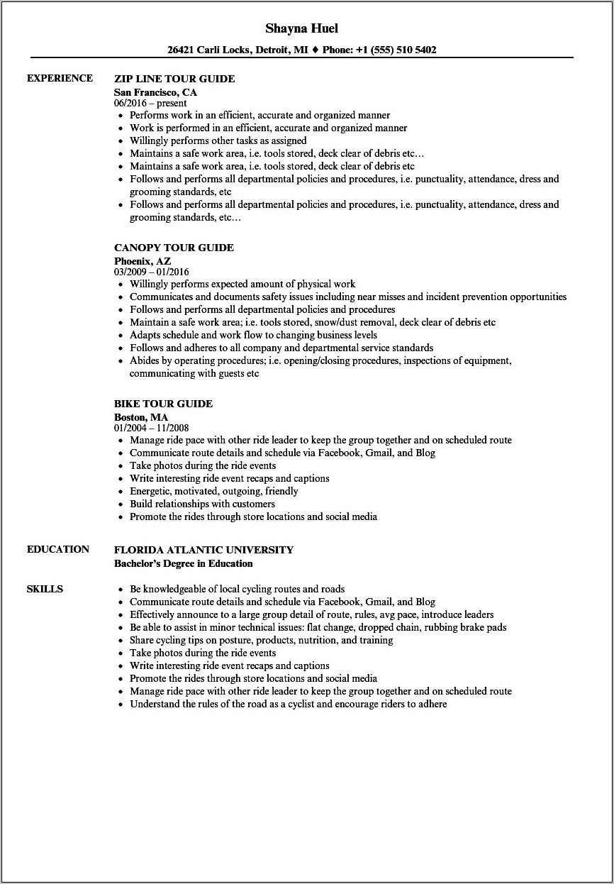 Campus Tour Guide Job Description Resume