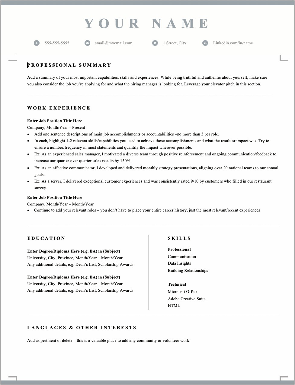 Canadian Working Holiday Visa Resume Template