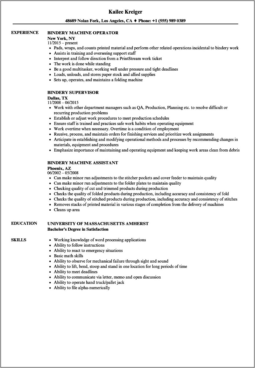 Cardboard Press Operator Job Description For Resume