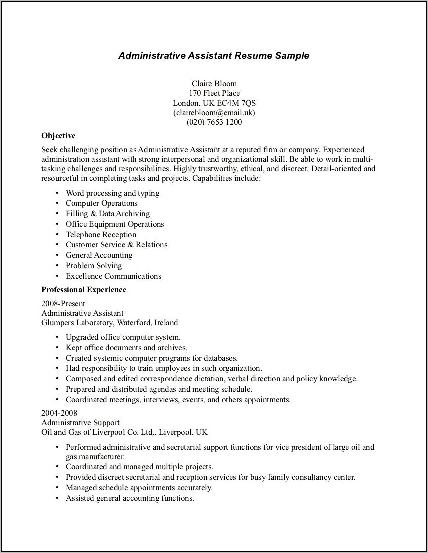 Career Objective For Administrative Assistant Resume