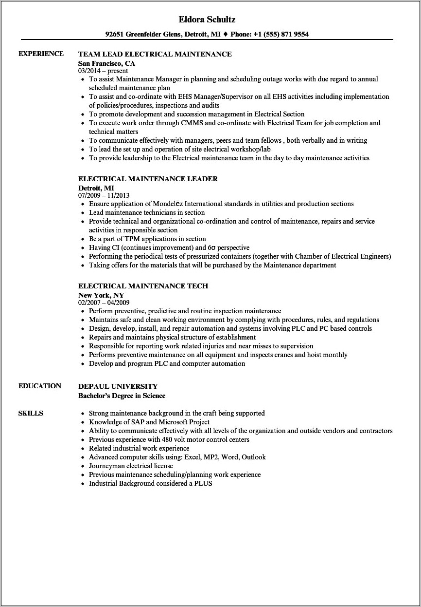 Career Objective For Electrical Maintenance Engineer Resume