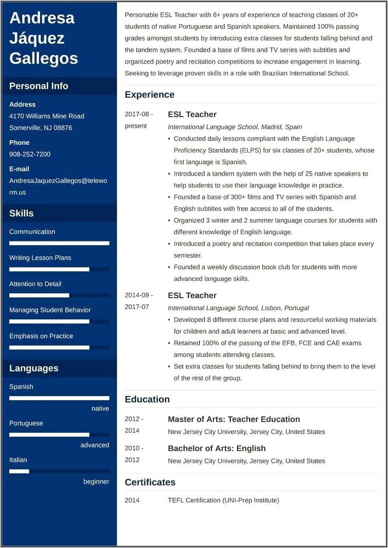 Career Objective For Esl Teacher Resume