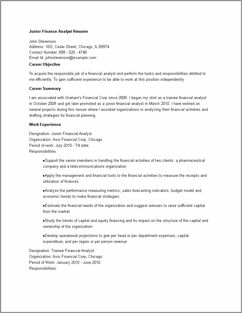 Career Objective For Financial Analyst Resume