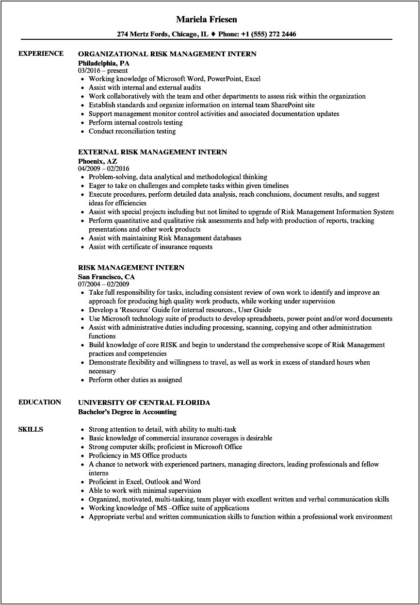 Career Objective For Management Internship Resume
