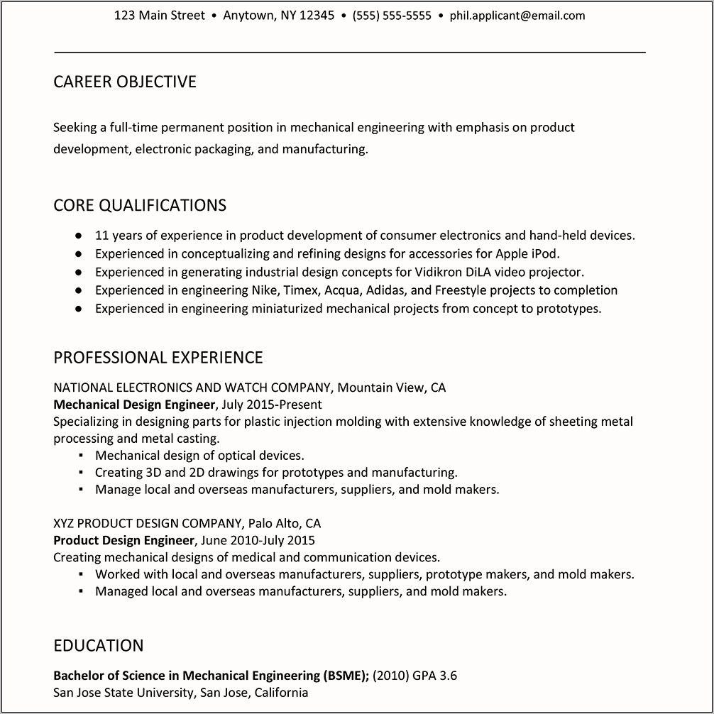 Career Objective For Mechanical Engineer In Resume