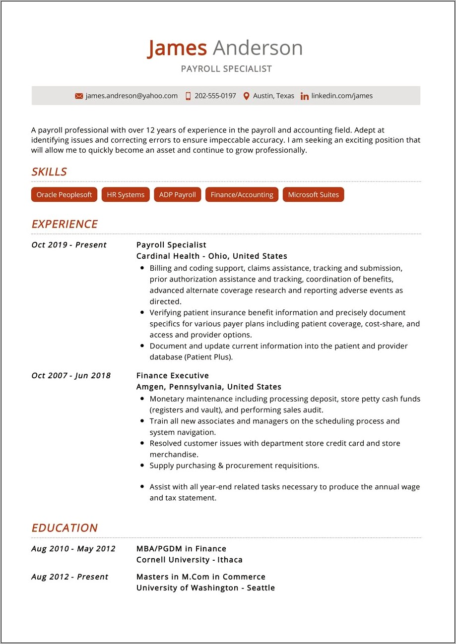 Career Objective For Payroll Specialist Resume