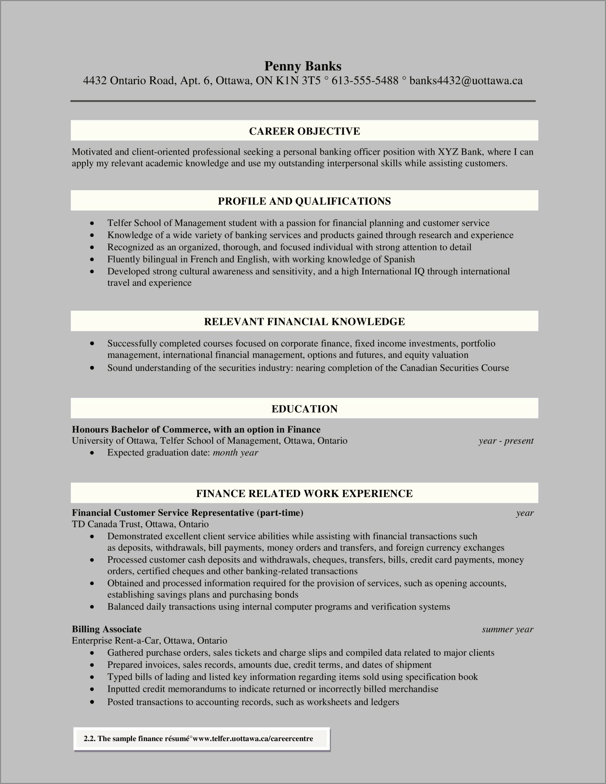 Career Objective For Resume Banking Experience