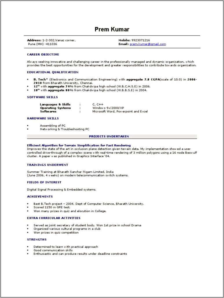 Career Objective For Resume For Fresher In Networking