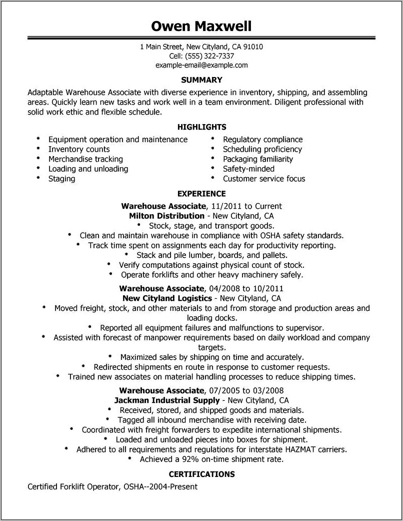 Career Objective For Resume For Warehouse