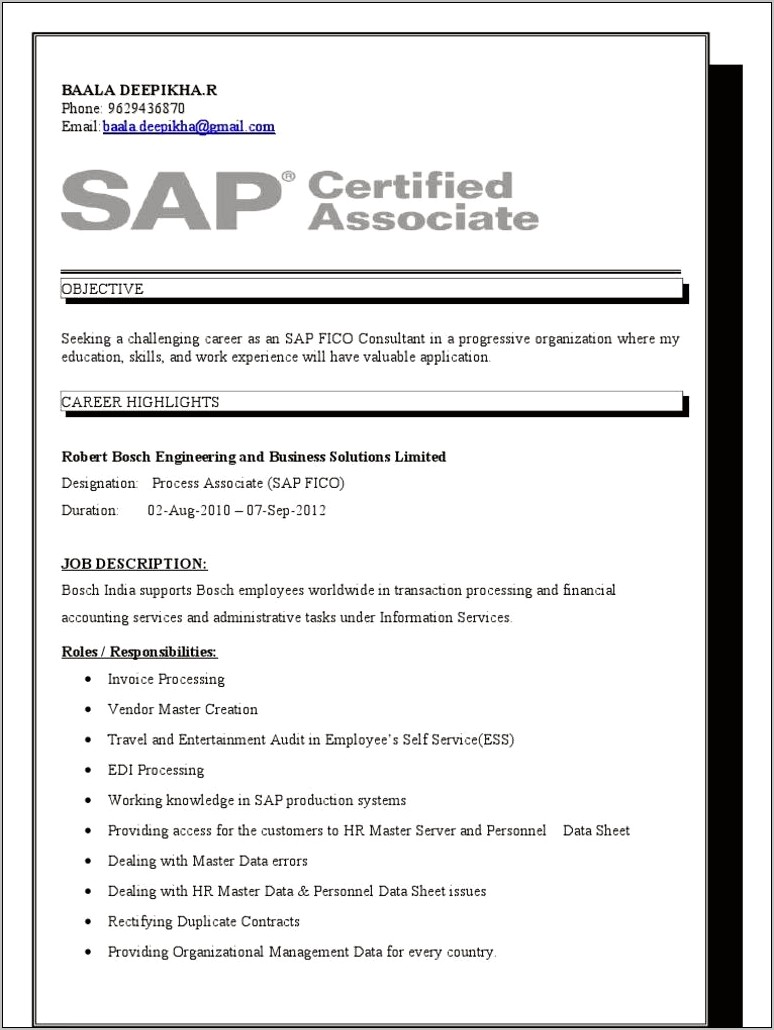 Career Objective For Sap Fico Resume