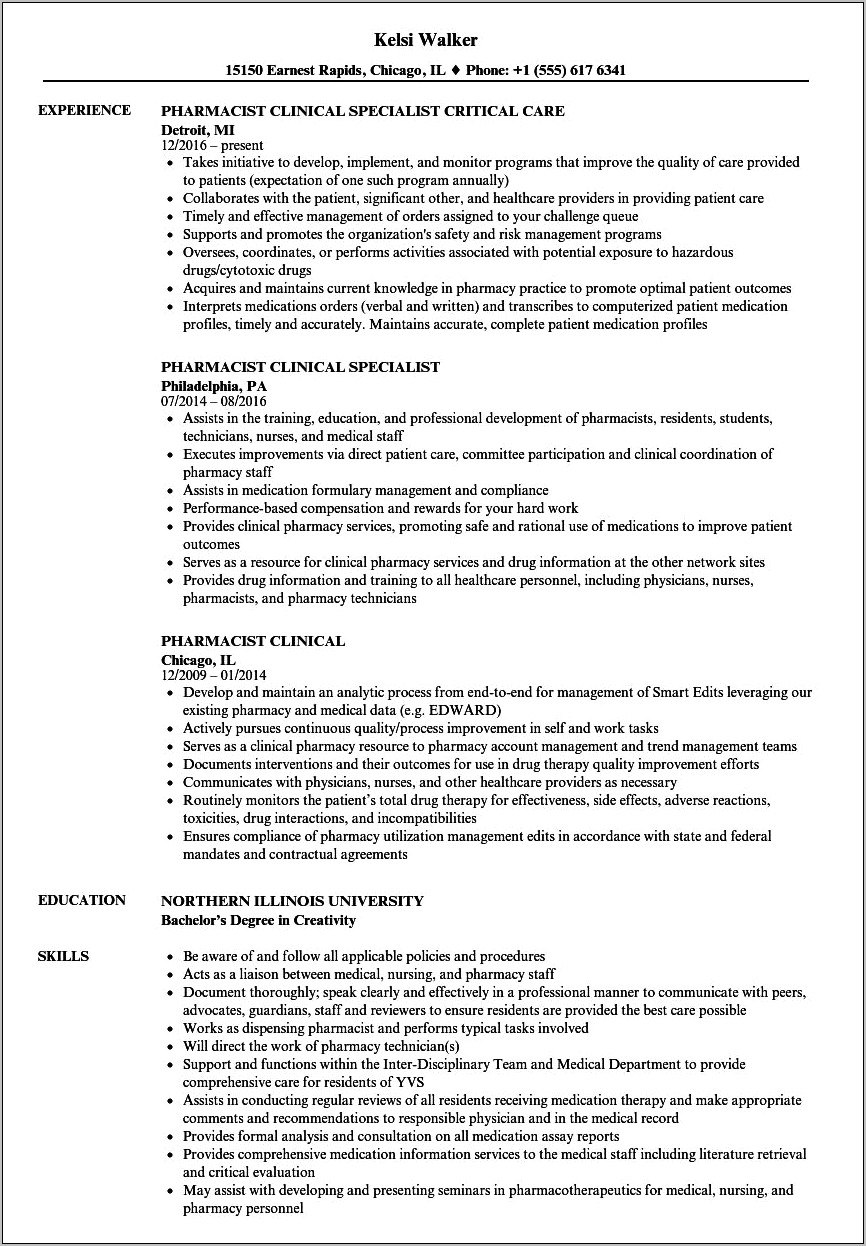 Career Objective In Resume For Clinical Pharmacist