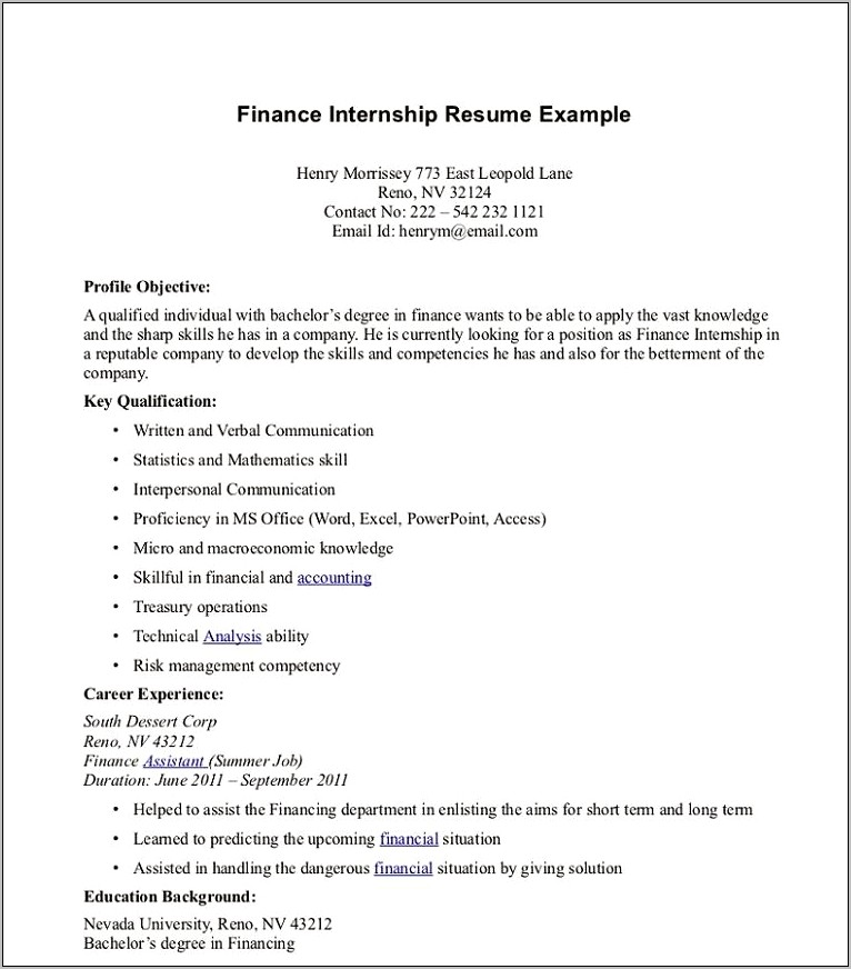 Career Objective Resume Examples For Finance Students