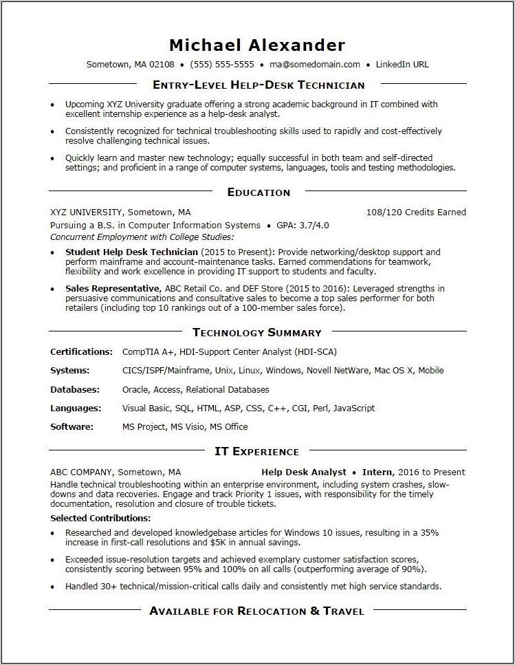 Career Objective Resume For Information Technology