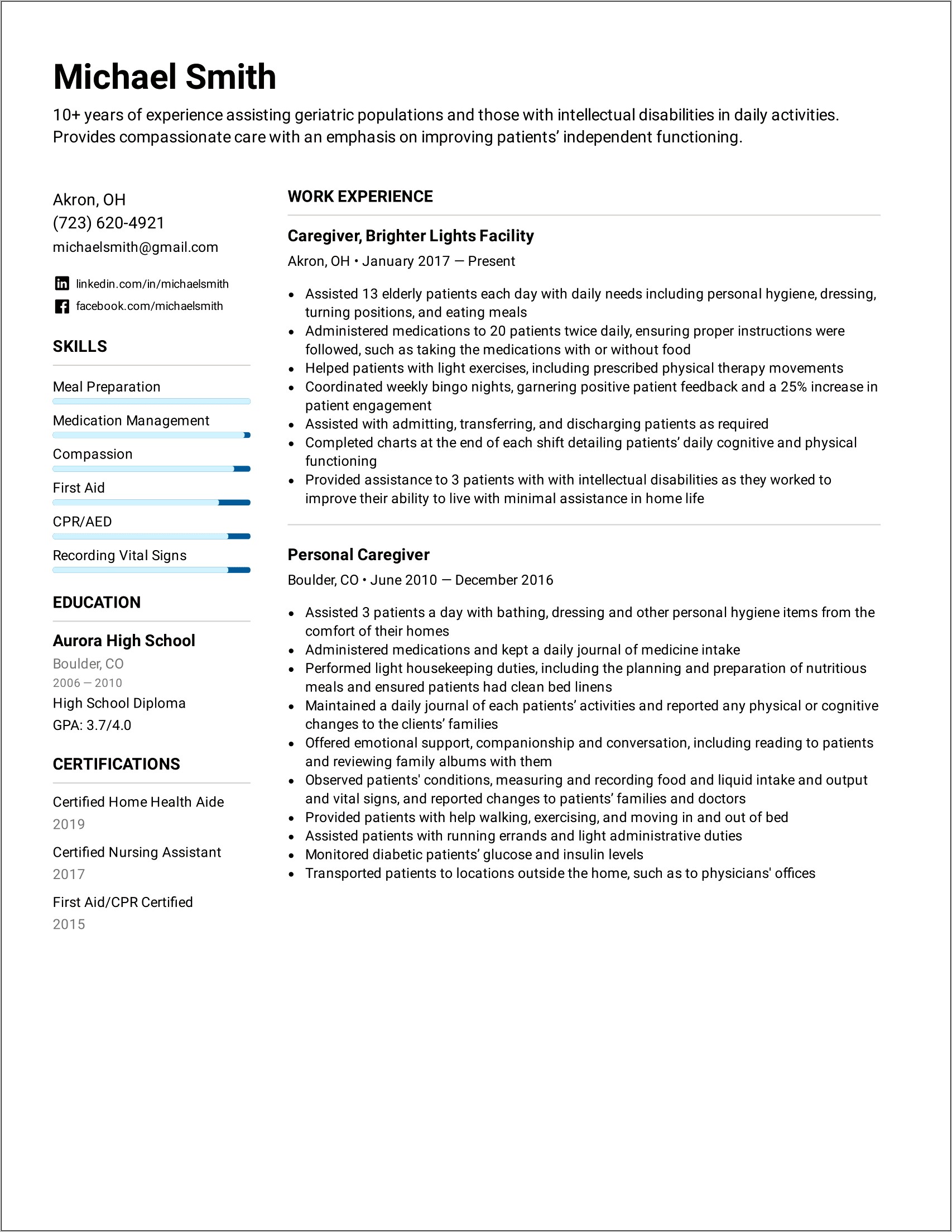 Caregiver Compassion Experience Example For Resume