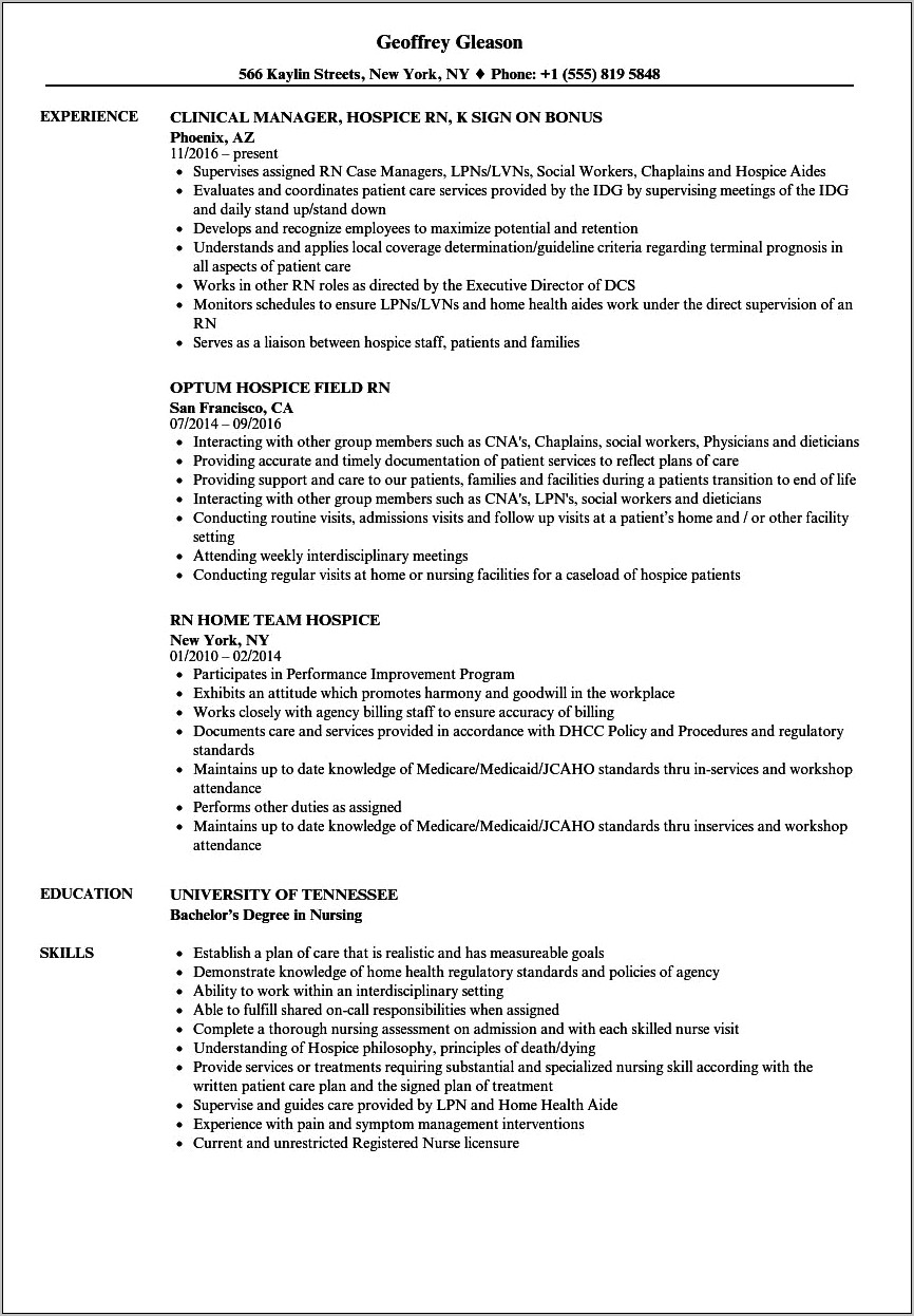 Case Manager Hospice Resume Examples