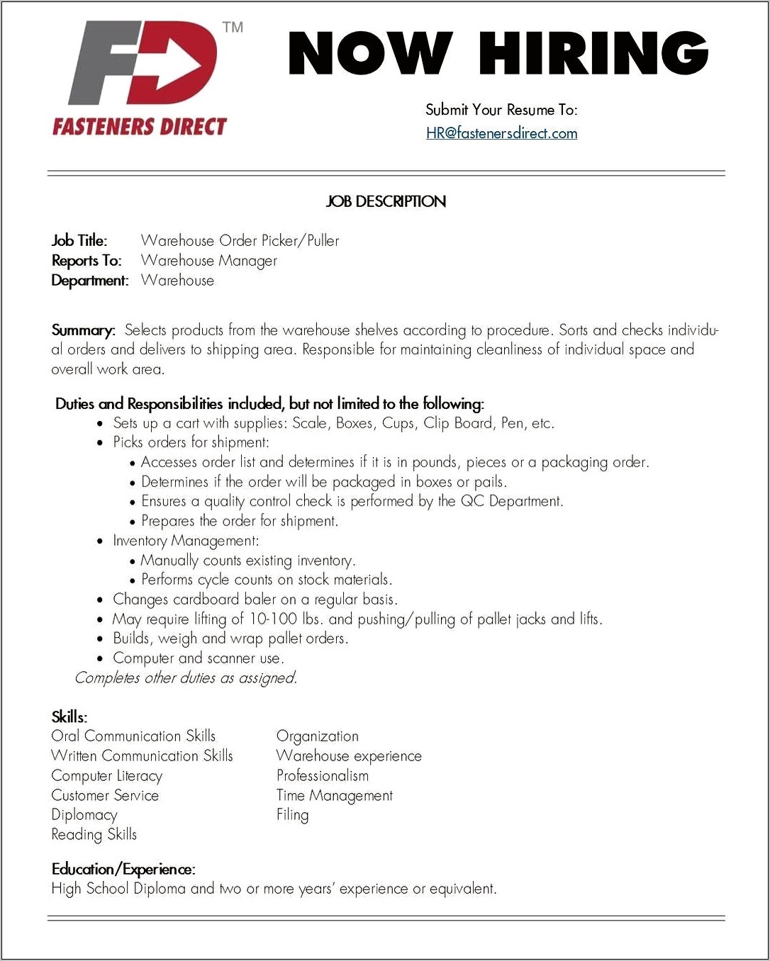 Case Picker Job Description For Resume