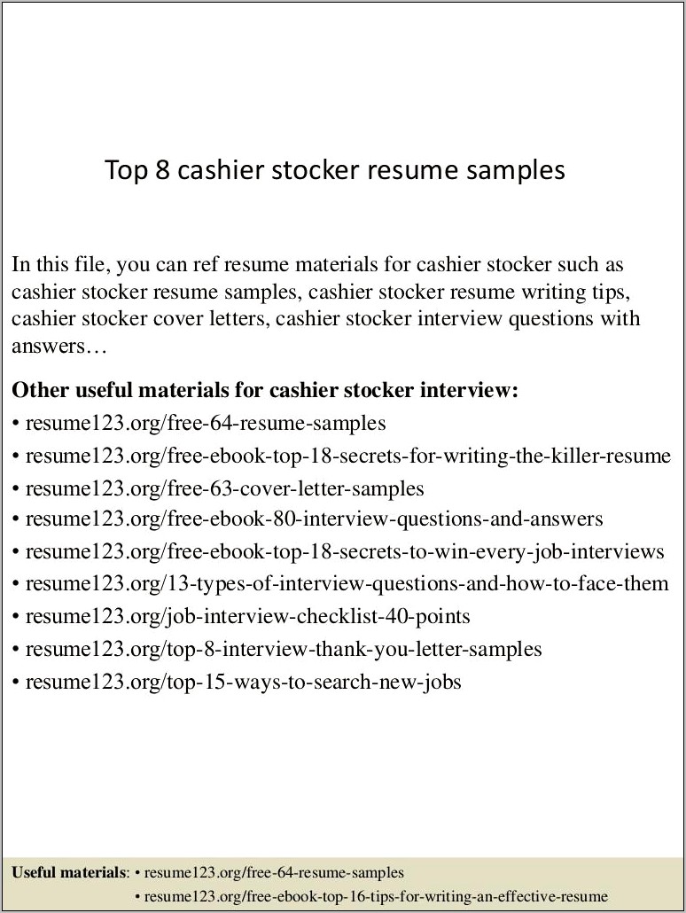 Cashier And Stocker Resume Samples