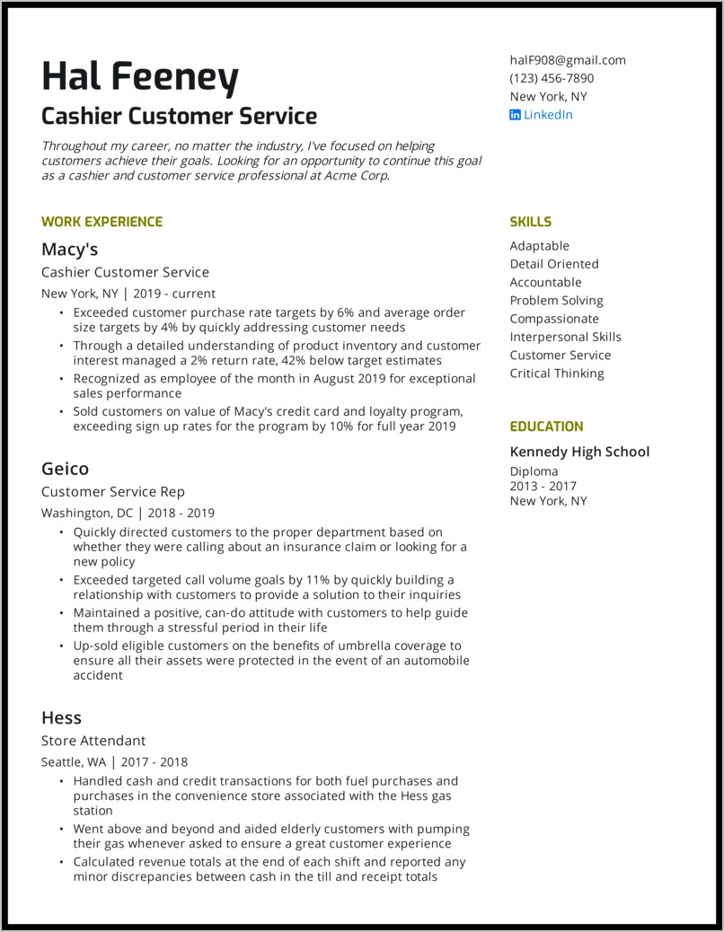Cashier Associate Job Description For Resume