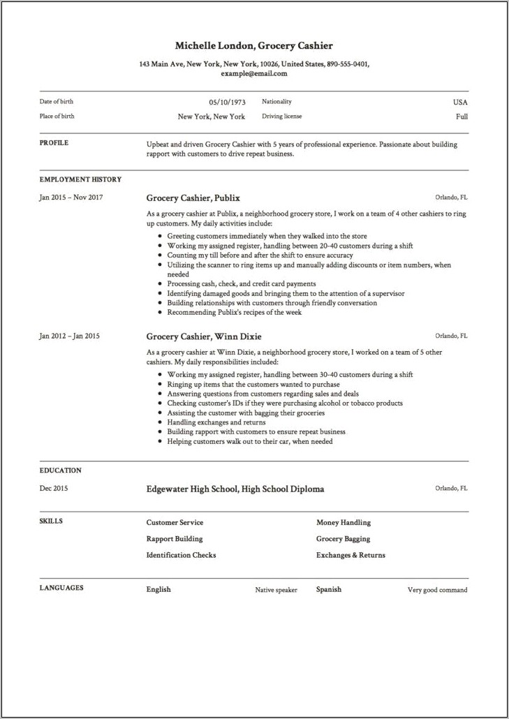 Cashier In A Store Resume Example