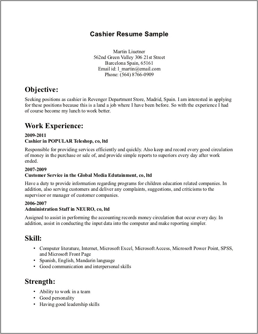 Cashier Job Description For Resume Sample