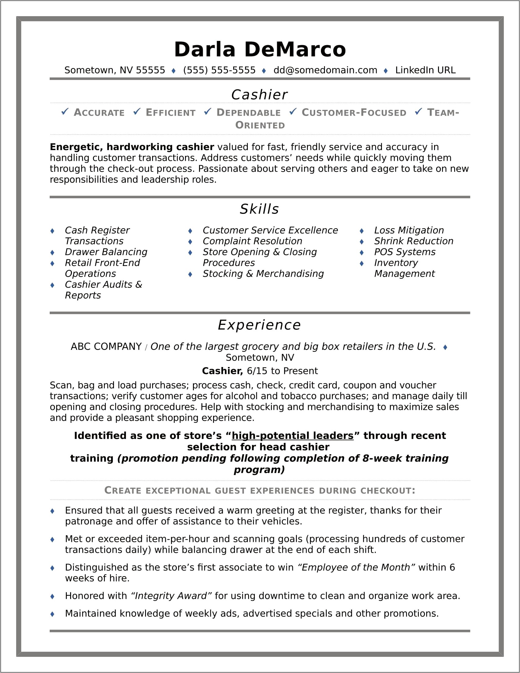 Cashier Job Summary For Resume