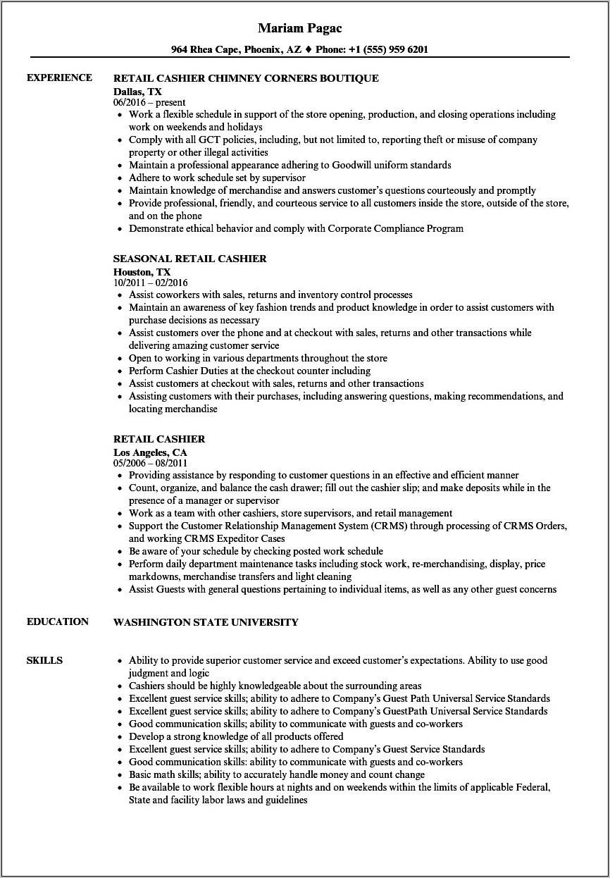 Cashier Lead Job Description For Resume