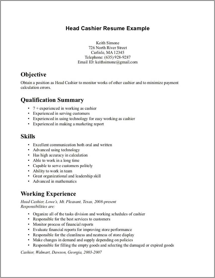 Cashier Objective Resume First Job