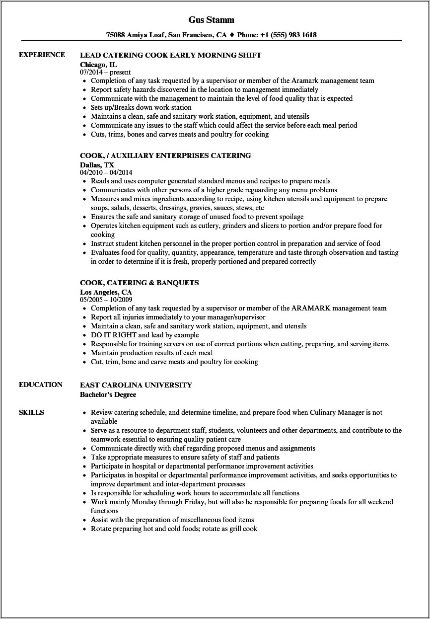 Catering Company Job Duties For Resume