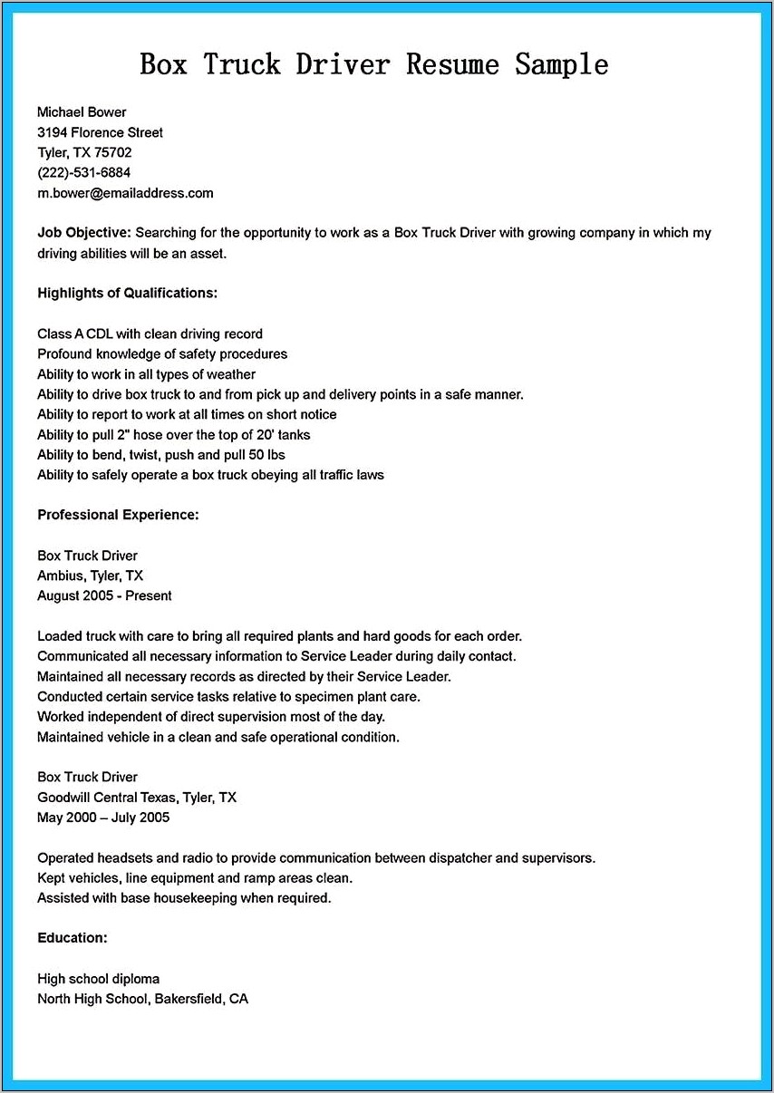 Cdl Owner Operator Job Description Resume