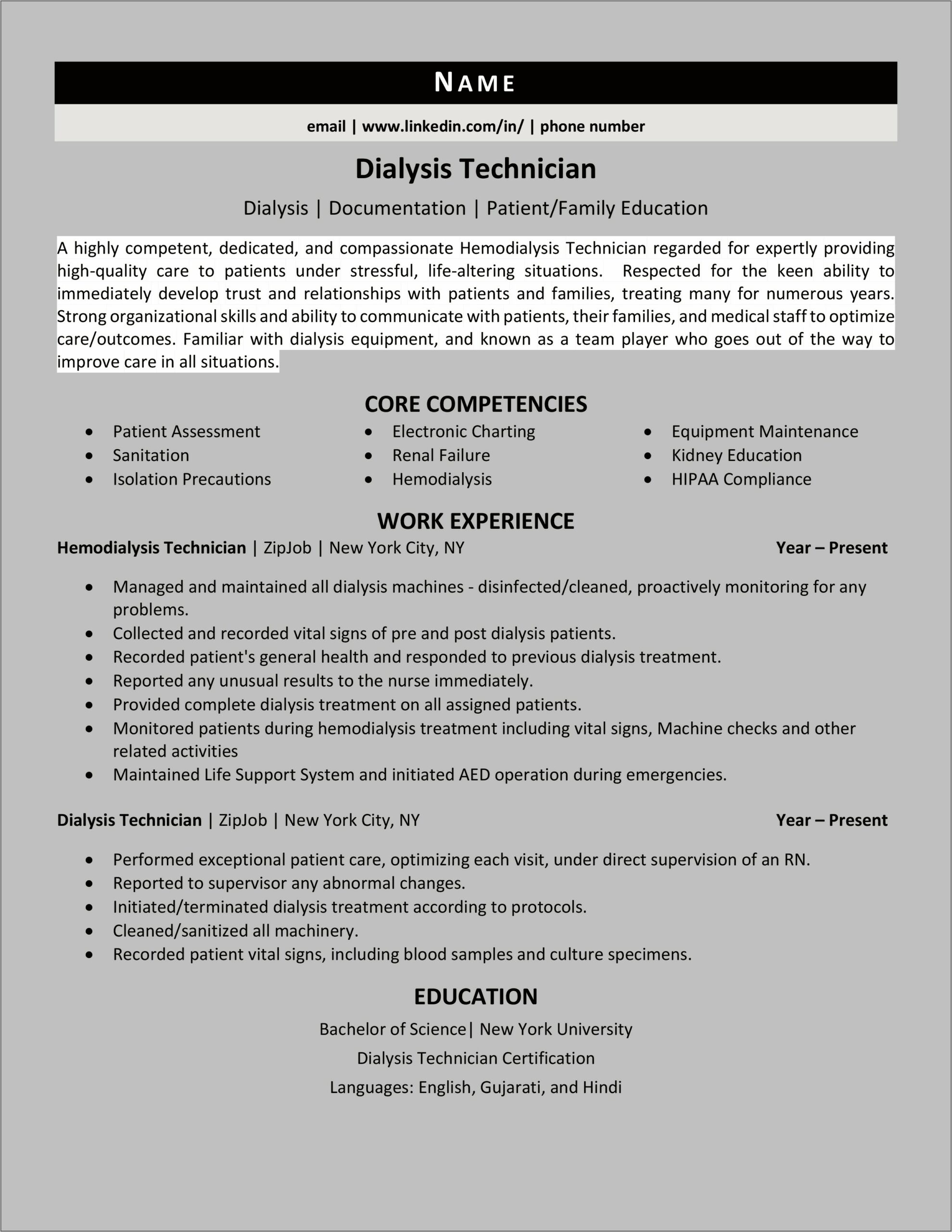 Certified Clinical Hemodialysis Technician On Resume Sample