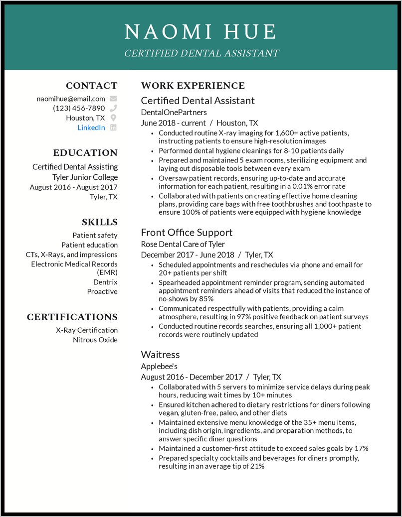 Certified Dental Assistant Resume Examples
