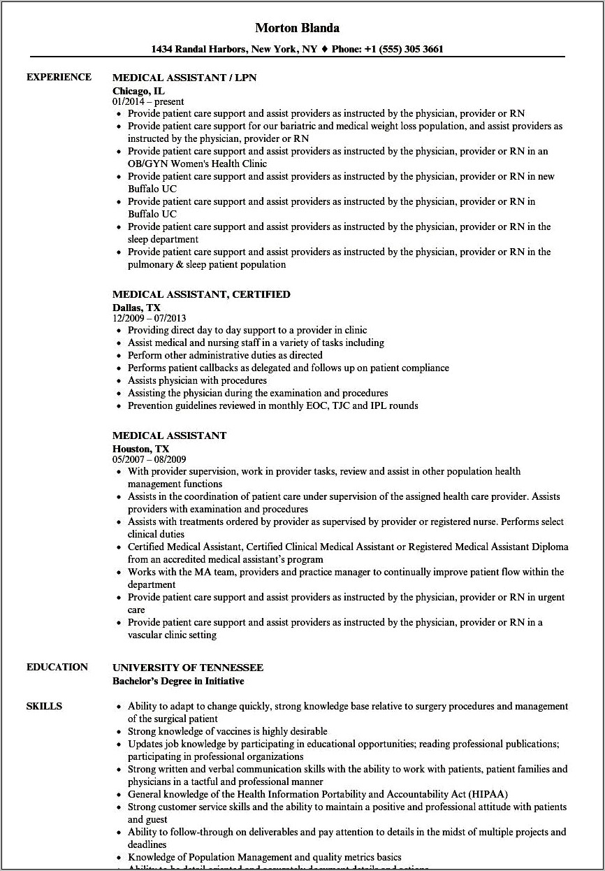 Certified Medical Assistant Job Duties Resume