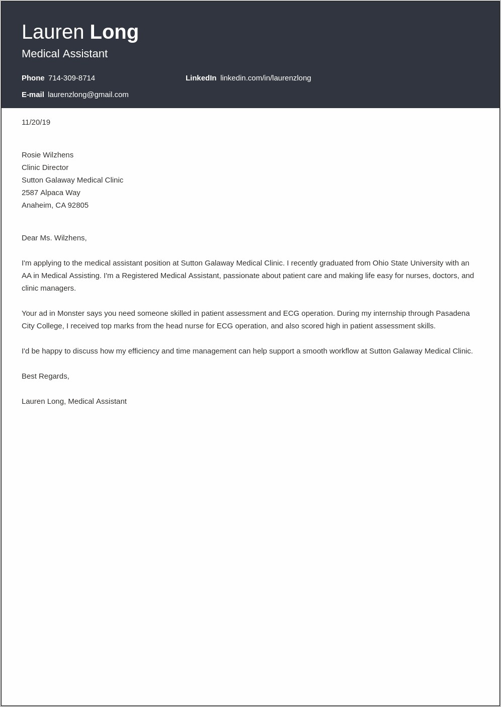 Certified Medical Assistant Resume Cover Letter