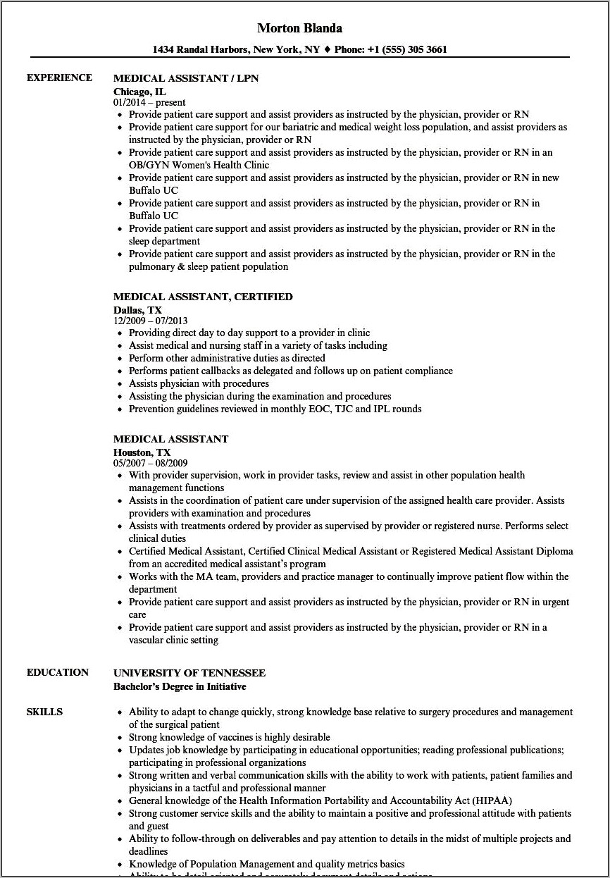 Certified Medical Assistant Resume Job Description