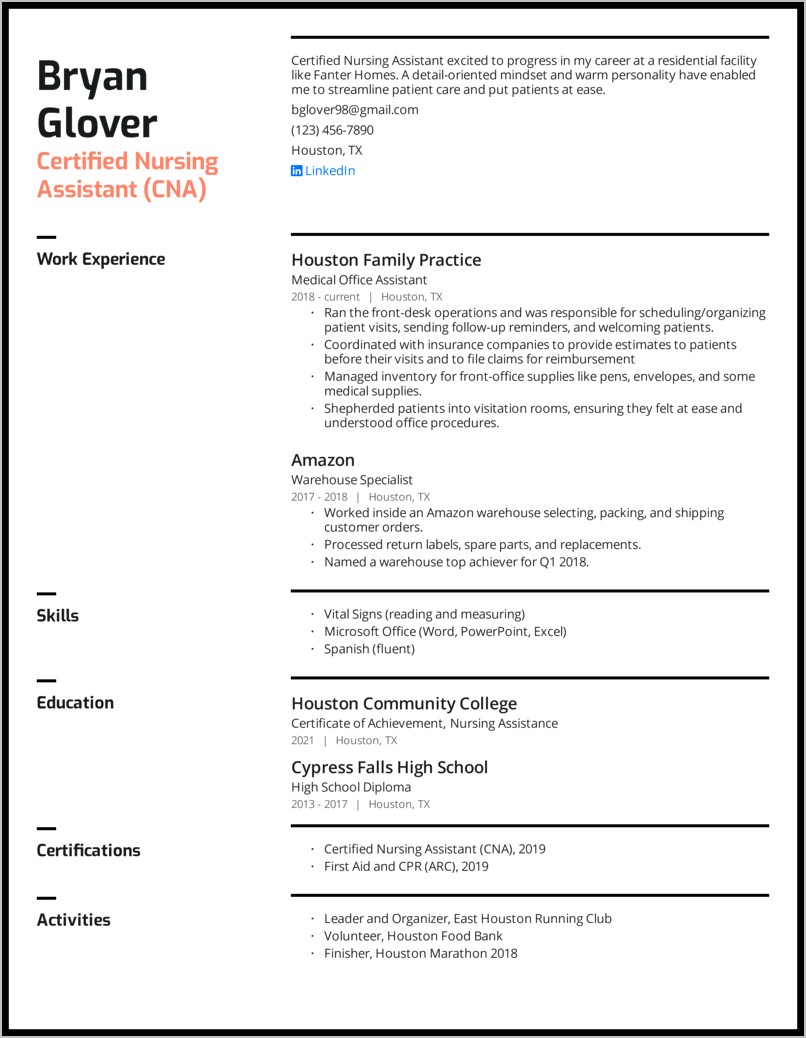 Certified Nursing Assistant Clinical Experience Resume