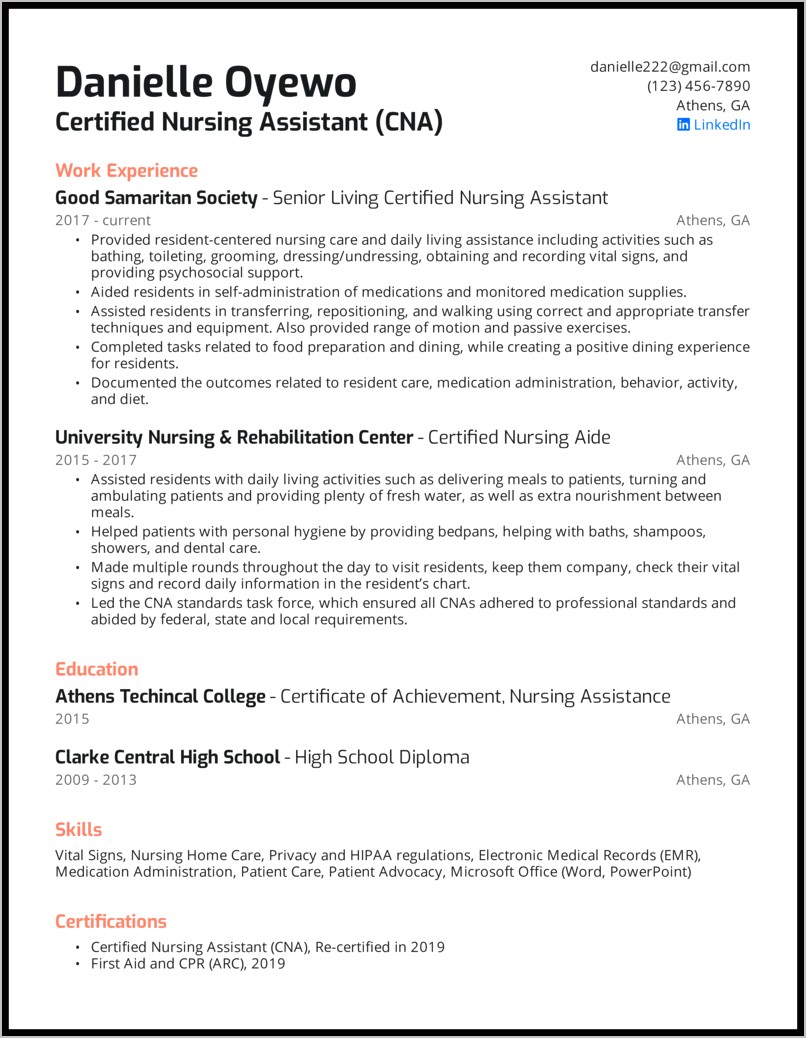 Certified Nursing Assistant Resume Sample Pdf