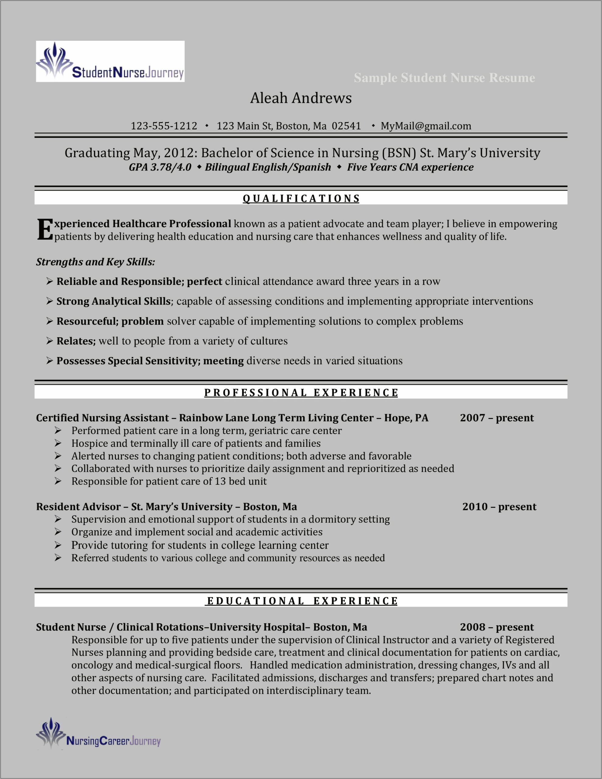 Certified Nursing Assistant Resume With Experience