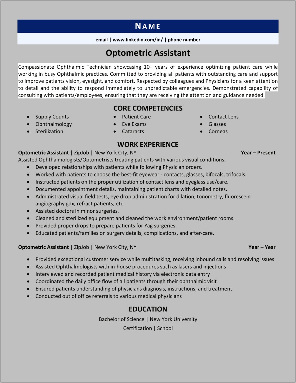 Certified Ophthalmic Assistant Resume Sample