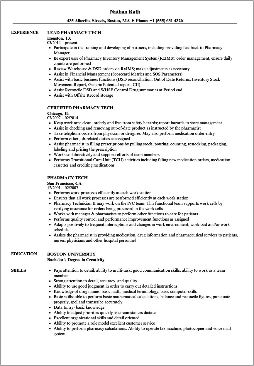 Certified Pharmacy Technician Job Description For Resume