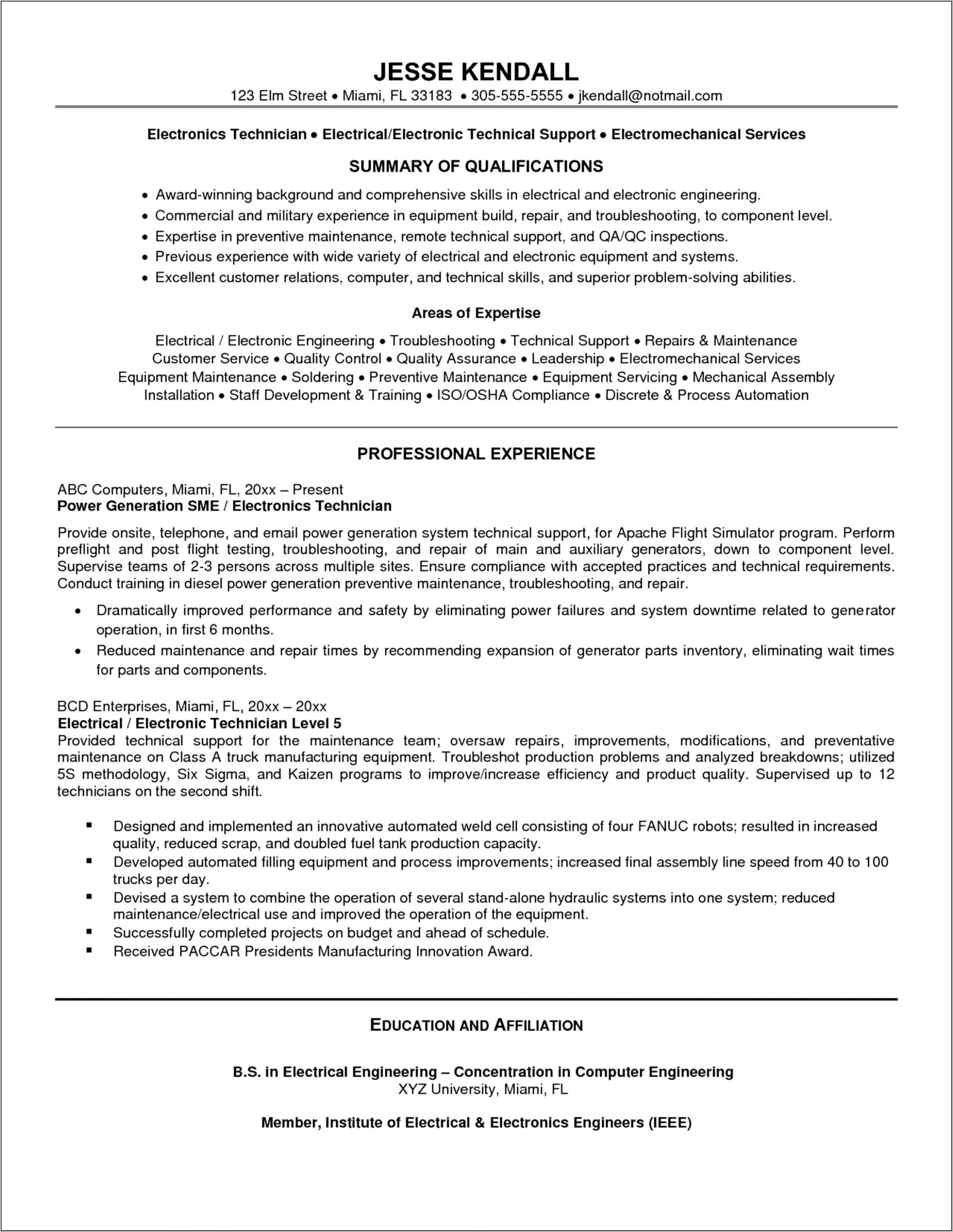 Certified Production Technician Cpt Resume Example