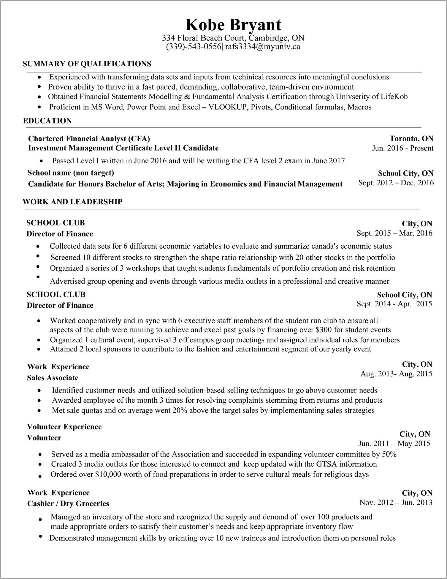Cfa Under Education Or Skills Section Of Resume
