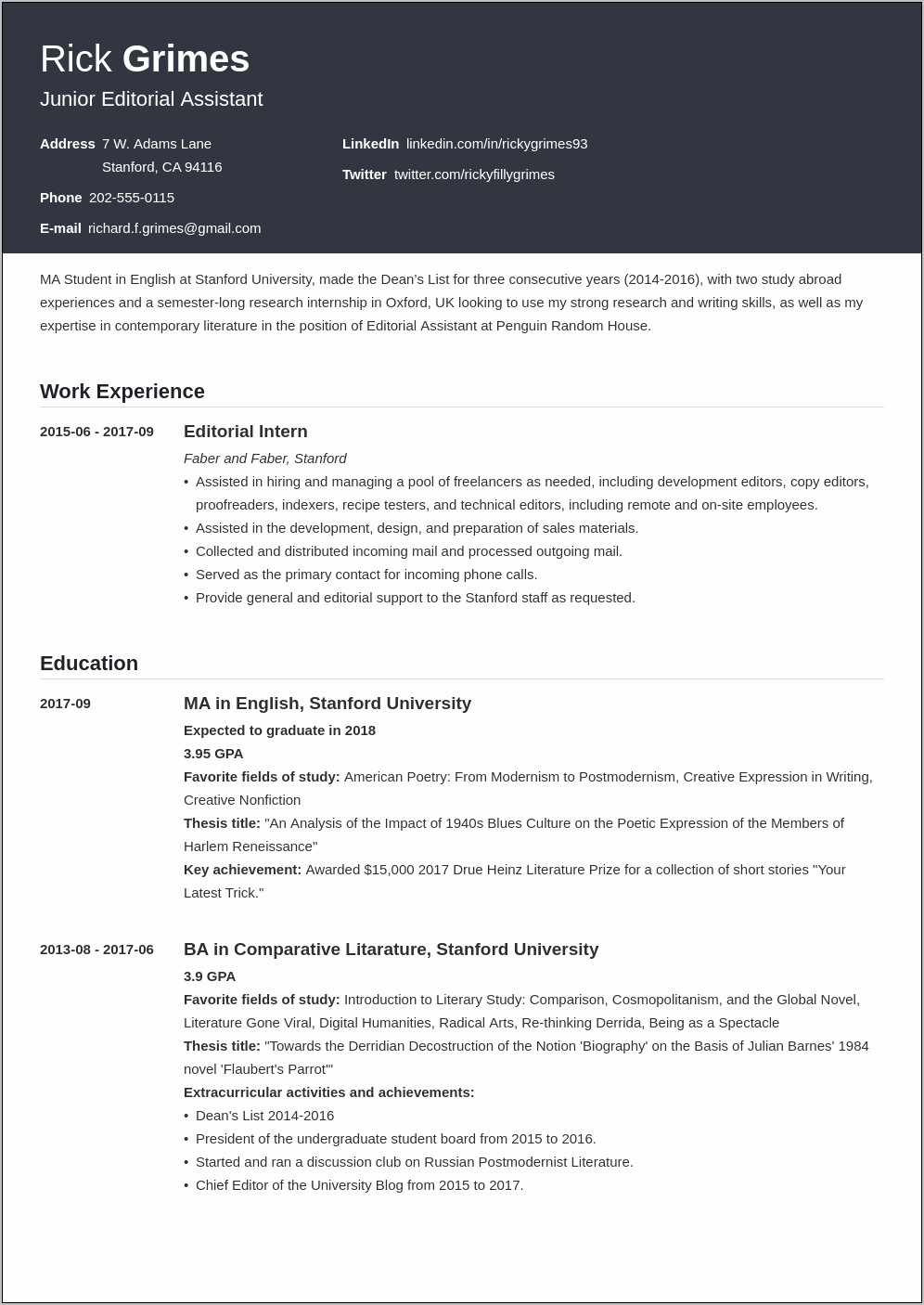 Characteristics Example For Resume College Student