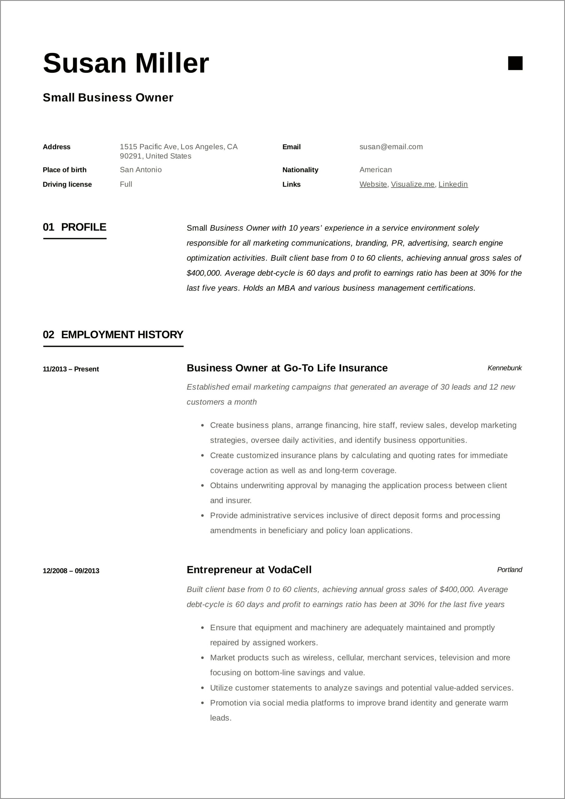 Charity Small Business Owner Job Description For Resume
