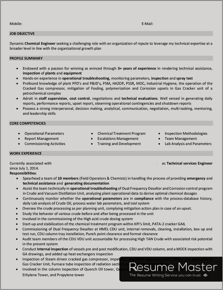 Chemical Engineering Resume Work Experience Examples