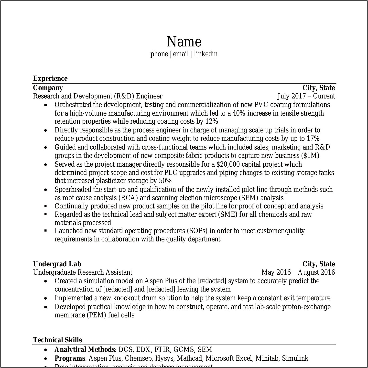 Chemical Engineering Skills For Resume